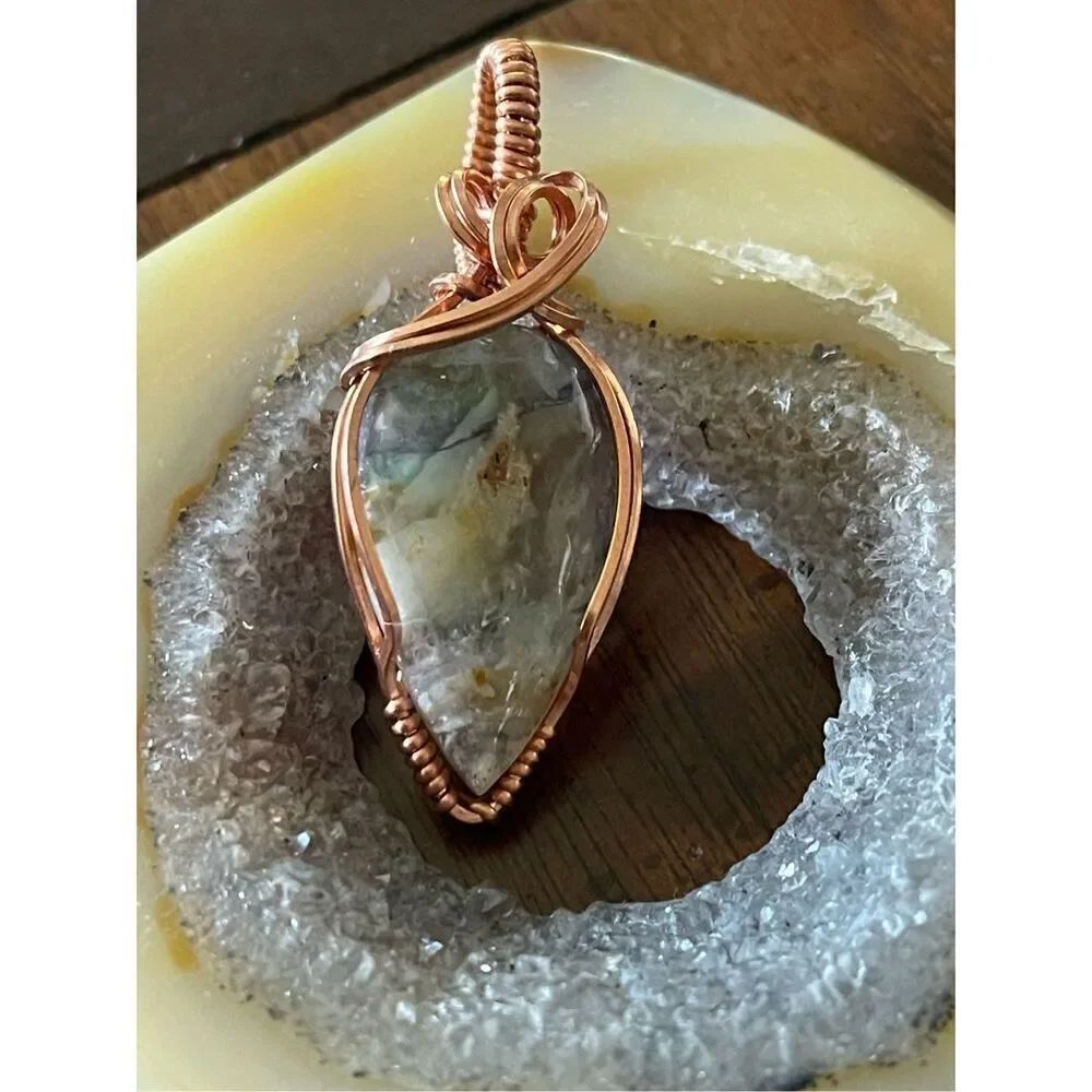 Feather Fluorite layered stone crystal wire wrap wrapped pendant copper handmade